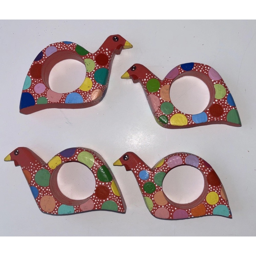 Set of 4 Vintage Hand Painted Wooden Bird Napkin Rings Red Polka Dot Folk Art